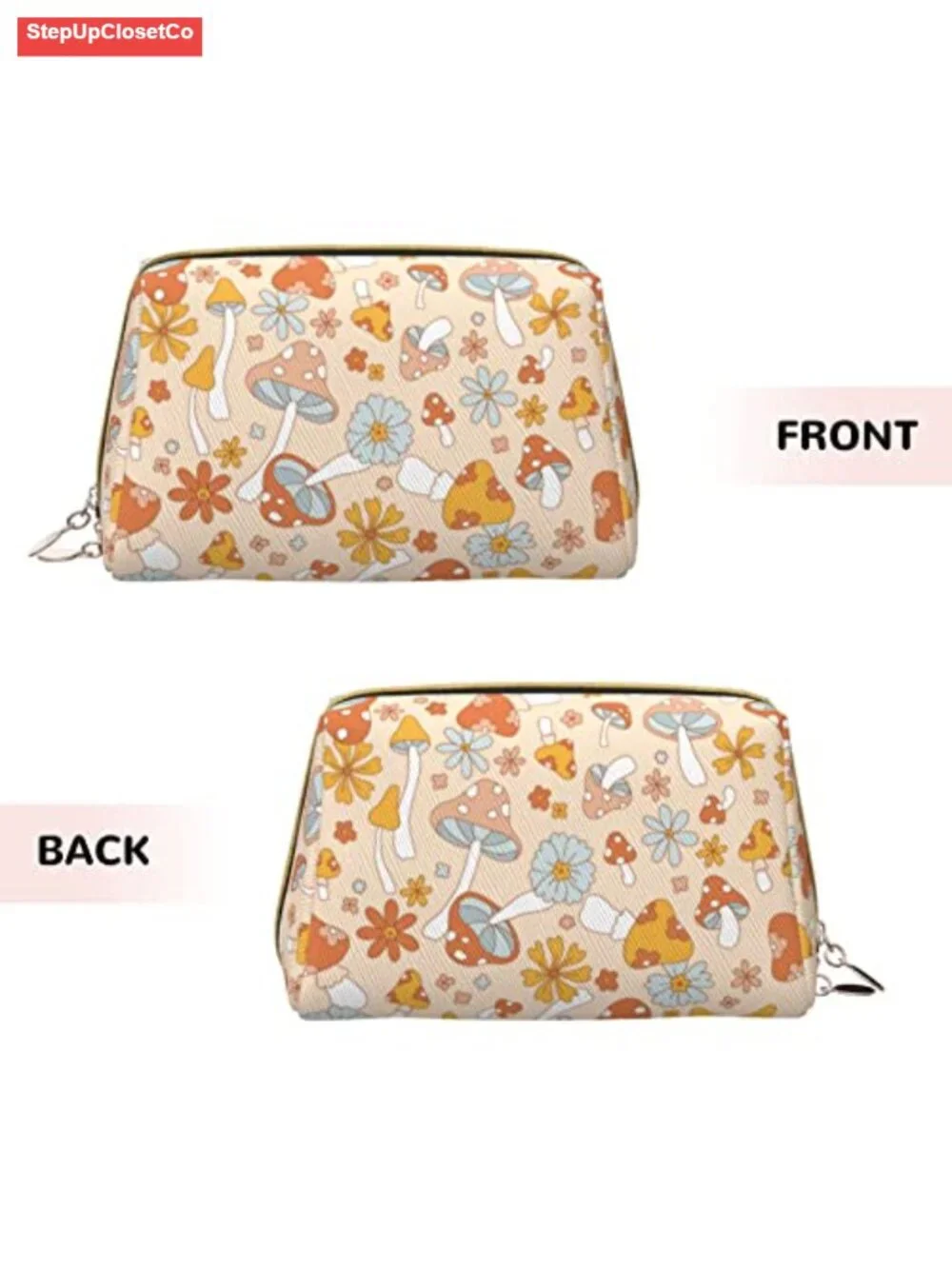 Boho Retro 70s Hippie Mushroom Large Travel Makeup Bag Waterproof Vegan Leather
